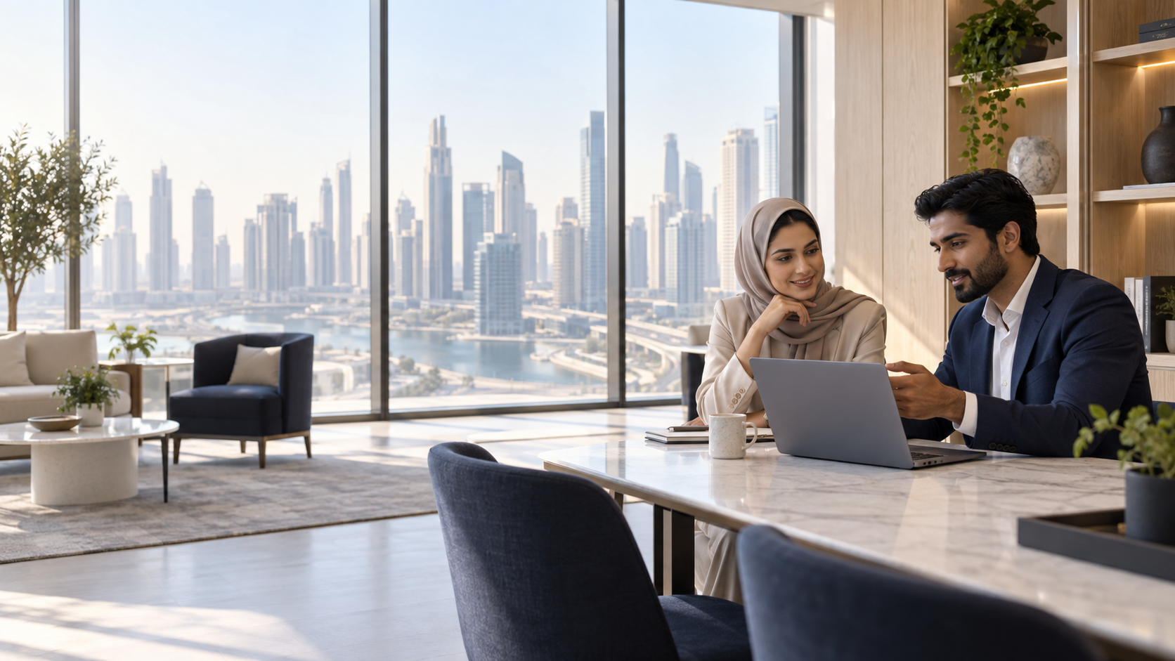 AI-generated concept: two colleagues collaborating in a bright office