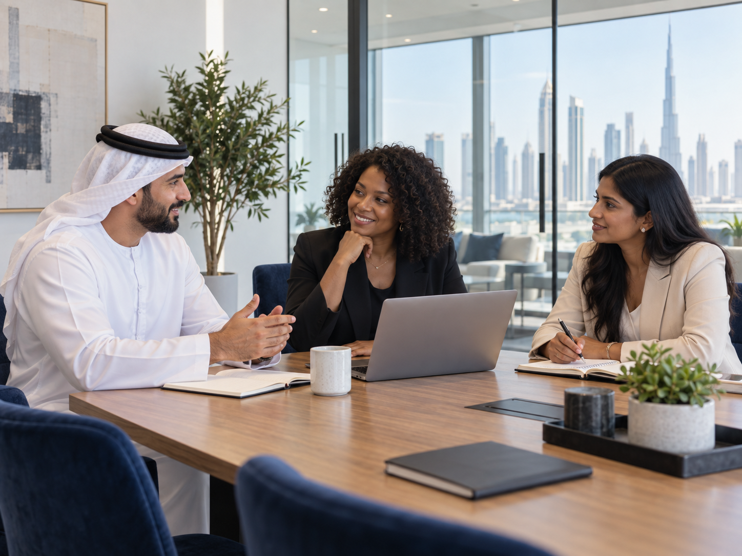 AI-generated concept: three colleagues discussing work in a meeting room
