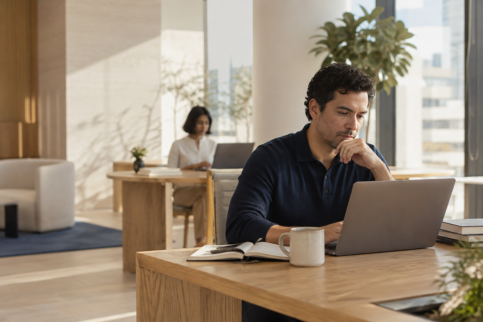 Professional concentrating at a shared workspace; illustrative generated scene