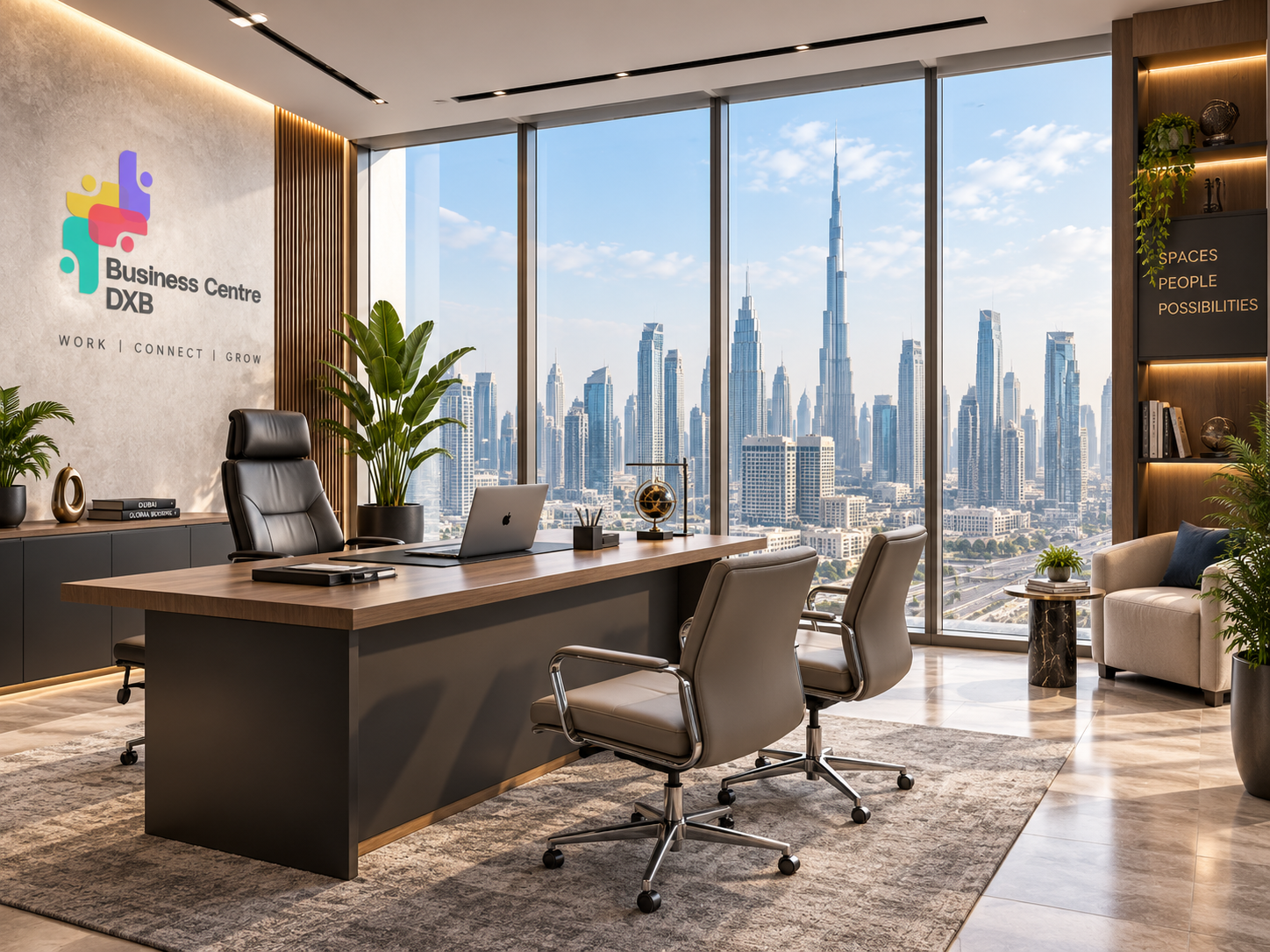 Office desk with a Dubai skyline view
