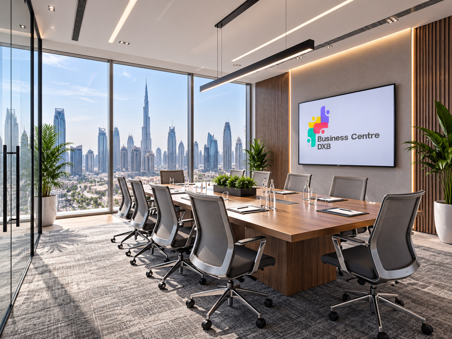Meeting room with a Dubai skyline view